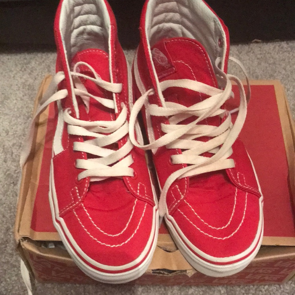 Red and white high top van sneakers